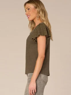 Short Crochet Flutter Sleeve Scoop Neck Knit Top