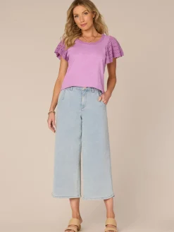 Short Crochet Flutter Sleeve Scoop Neck Knit Top