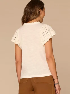 Short Crochet Flutter Sleeve Scoop Neck Knit Top