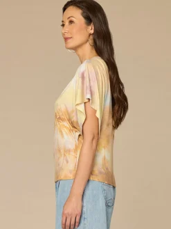 Short Dolman Sleeve Embroidered Scoop Neck Placement Print Knit Top