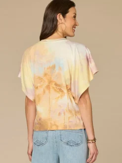 Short Dolman Sleeve Embroidered Scoop Neck Placement Print Knit Top