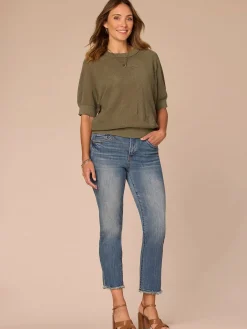 Short Dolman Sleeve Round Neck Palm Tree Embroidered Sweater