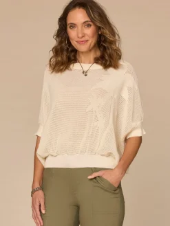 Short Dolman Sleeve Round Neck Palm Tree Embroidered Sweater
