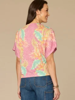 Short Dolman Sleeve Scallop Scoop Neck Placement Print Knit Top