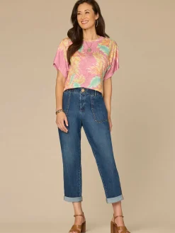 Short Dolman Sleeve Scallop Scoop Neck Placement Print Knit Top