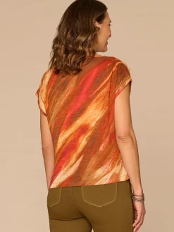 Short Dolman Sleeve Smocked Scoop Neck Placement Print Knit Top