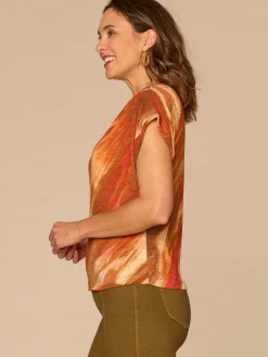 Short Dolman Sleeve Smocked Scoop Neck Placement Print Knit Top