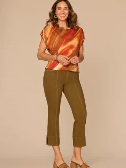 Short Dolman Sleeve Smocked Scoop Neck Placement Print Knit Top