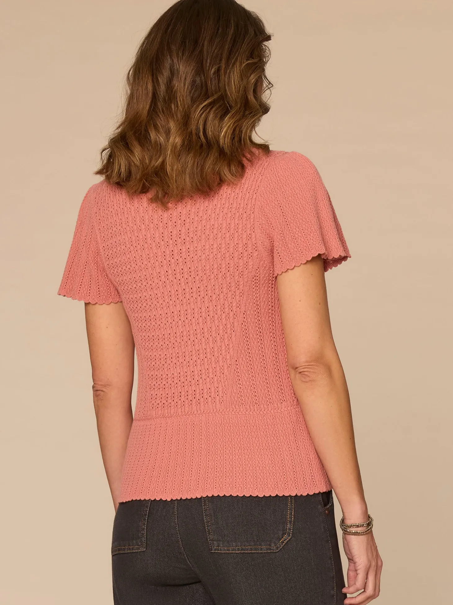 Short Flounce Sleeve Round Neck Peplum Hem Crochet Petite Sweater