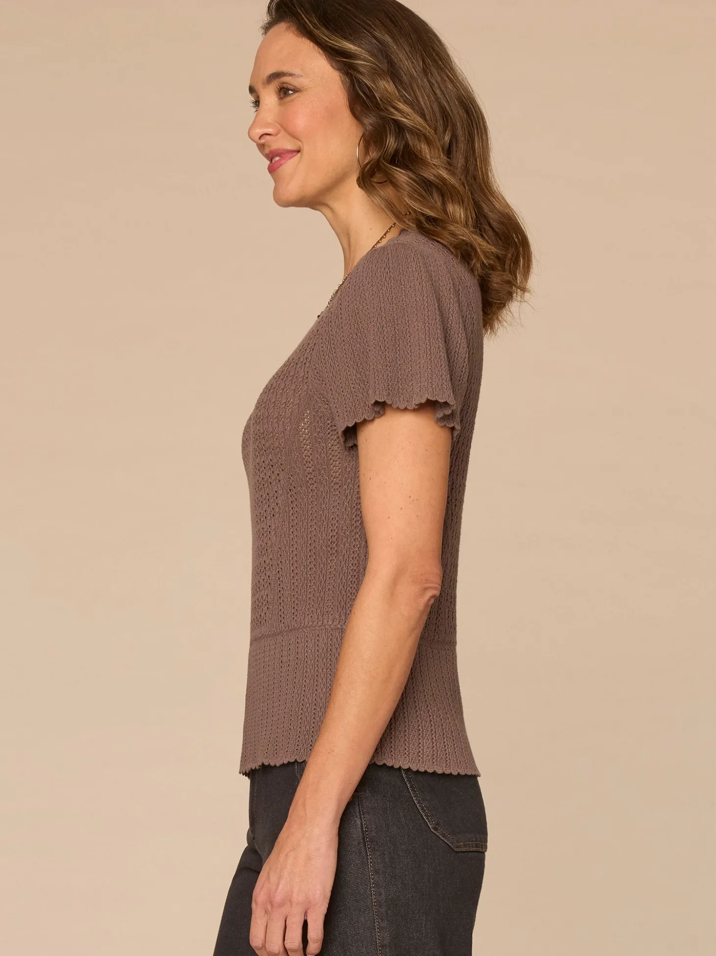 Short Flounce Sleeve Round Neck Peplum Hem Crochet Petite Sweater