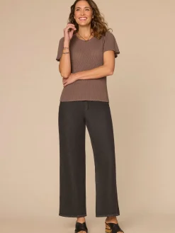 Short Flounce Sleeve Round Neck Peplum Hem Crochet Petite Sweater