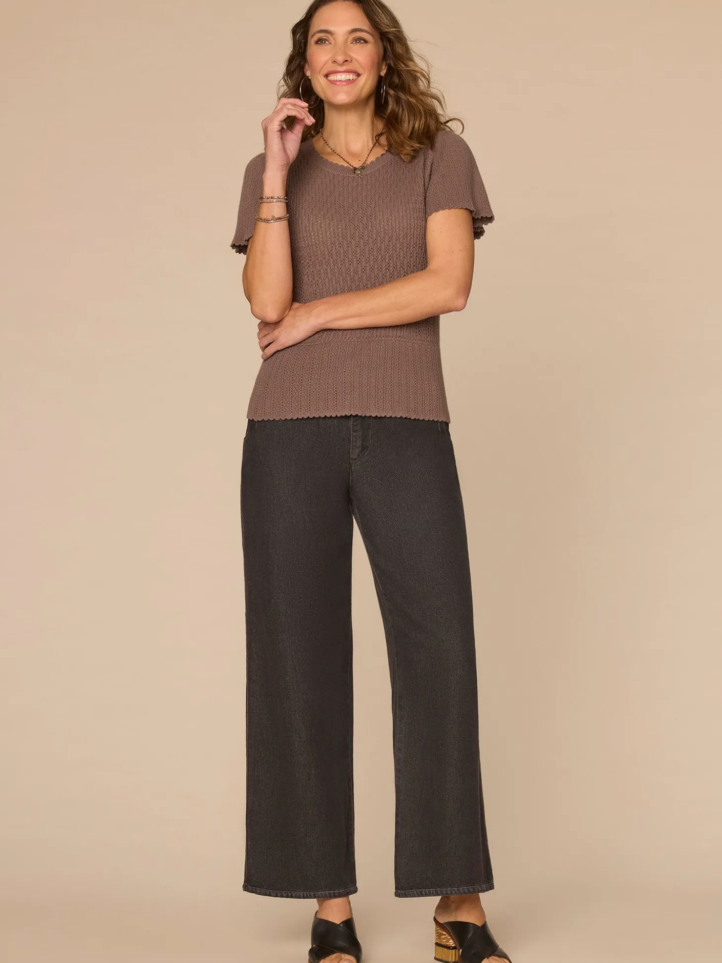 Short Flounce Sleeve Round Neck Peplum Hem Crochet Petite Sweater