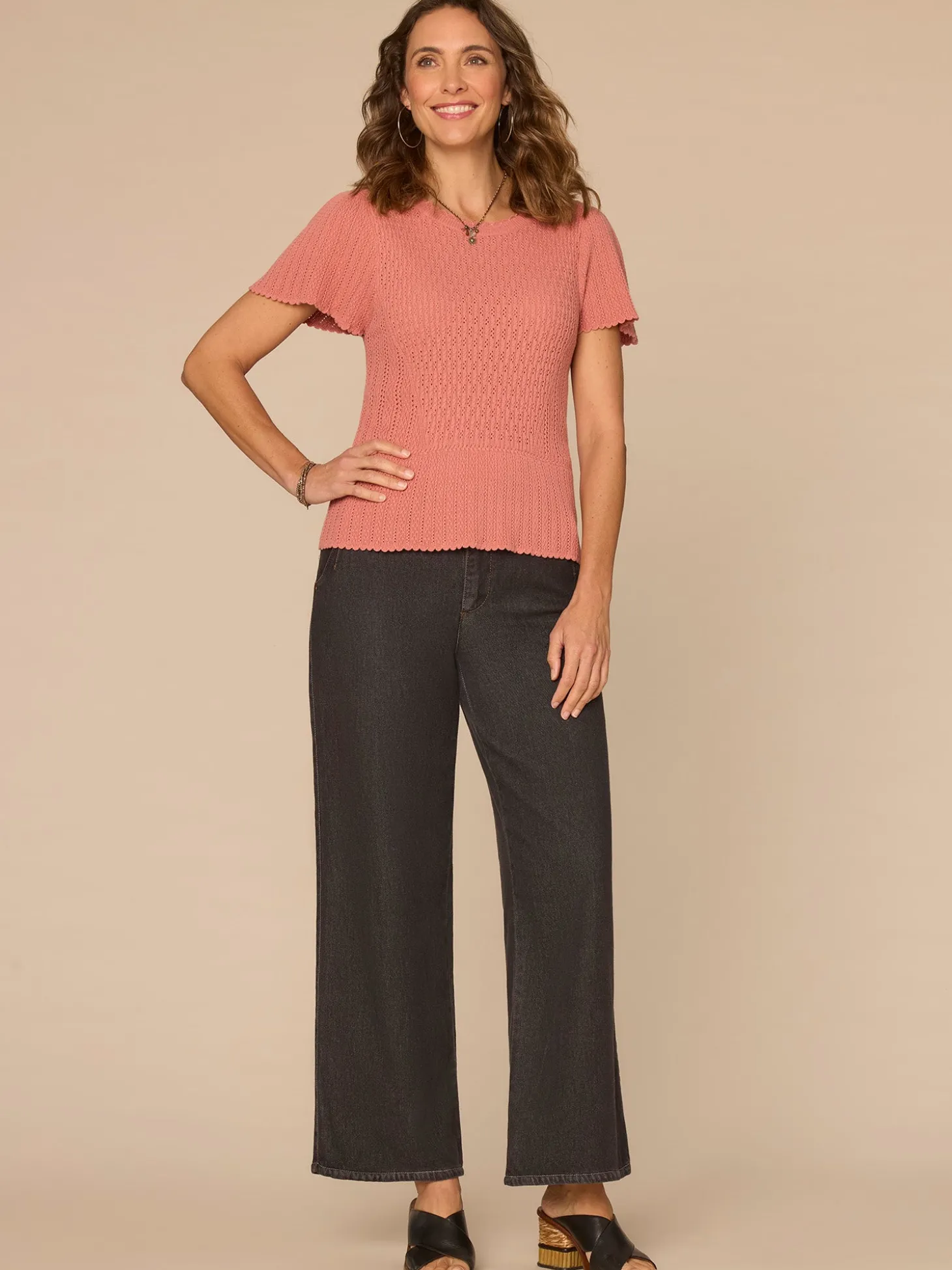 Short Flounce Sleeve Round Neck Peplum Hem Crochet Petite Sweater