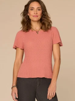 Short Flounce Sleeve Round Neck Peplum Hem Scallop Crochet Sweater