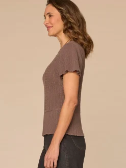 Short Flounce Sleeve Round Neck Peplum Hem Scallop Crochet Sweater