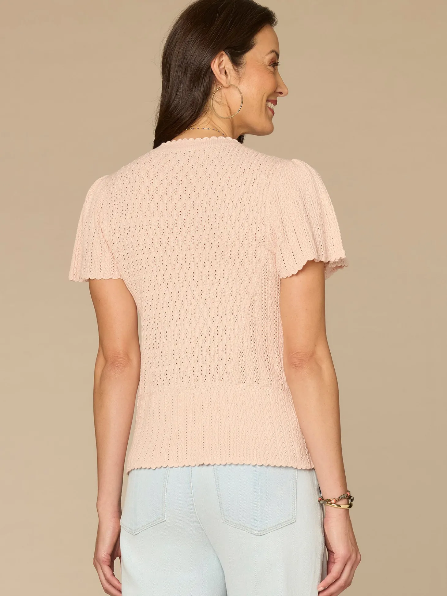 Short Flounce Sleeve Round Neck Peplum Hem Scallop Crochet Sweater