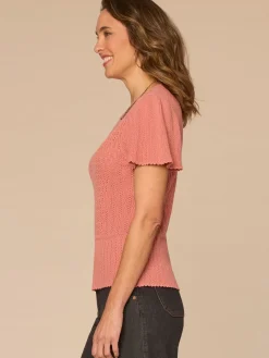 Short Flounce Sleeve Round Neck Peplum Hem Scallop Crochet Sweater