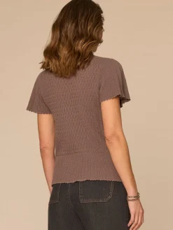 Short Flounce Sleeve Round Neck Peplum Hem Scallop Crochet Sweater