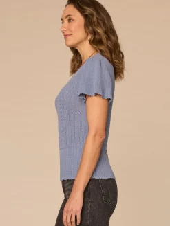 Short Flounce Sleeve Round Neck Peplum Hem Scallop Crochet Sweater