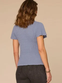 Short Flounce Sleeve Round Neck Peplum Hem Scallop Crochet Sweater