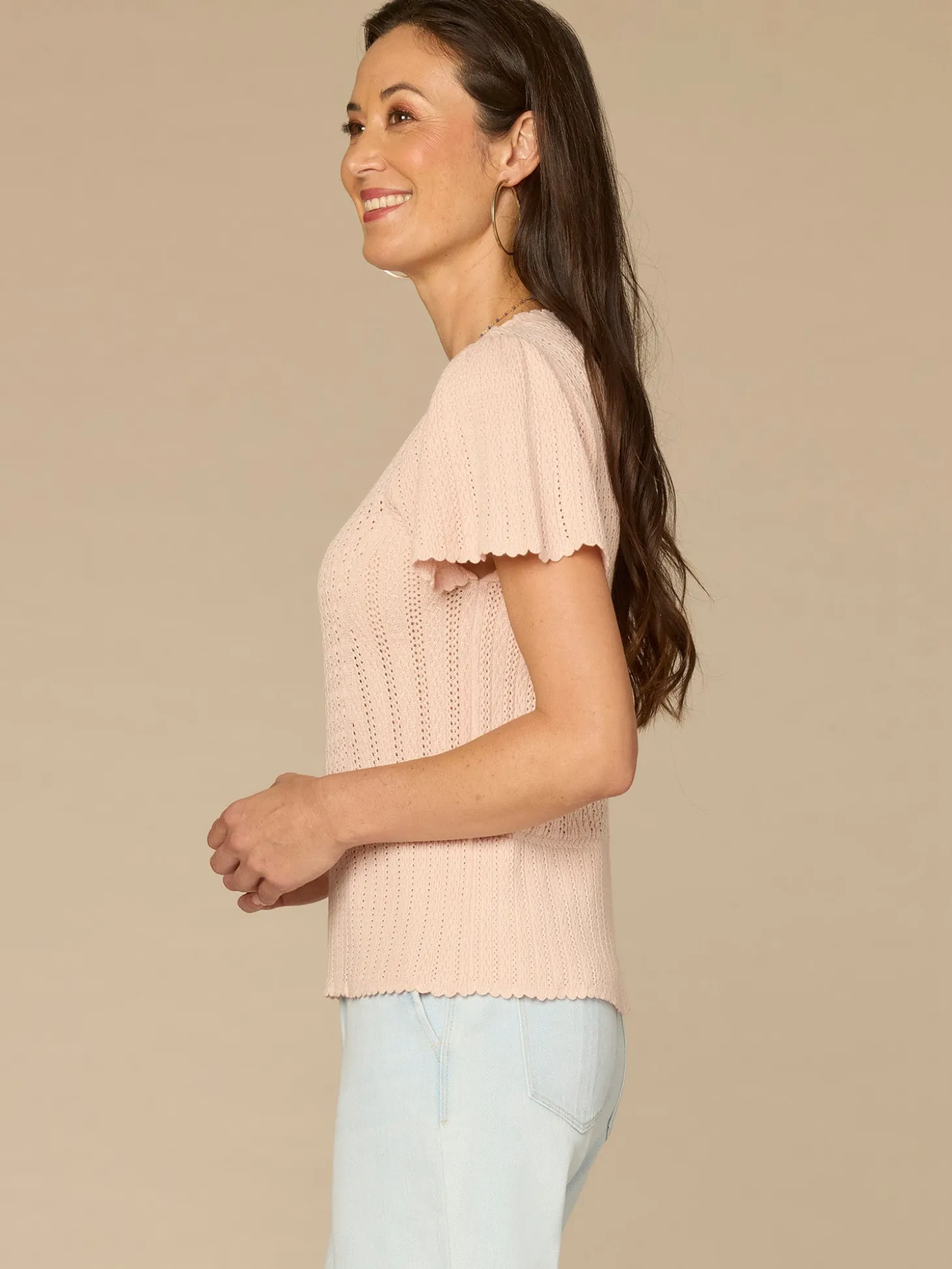 Short Flounce Sleeve Round Neck Peplum Hem Scallop Crochet Sweater