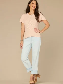 Short Flounce Sleeve Round Neck Peplum Hem Scallop Crochet Sweater