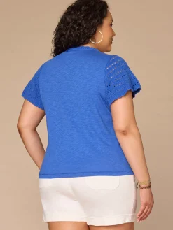 Short Flutter Sleeve Crochet Scoop Neck Plus Size Knit Top