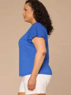 Short Flutter Sleeve Crochet Scoop Neck Plus Size Knit Top