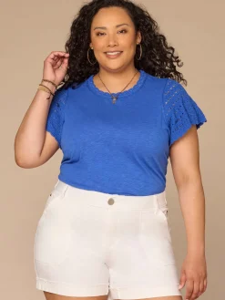 Short Flutter Sleeve Crochet Scoop Neck Plus Size Knit Top