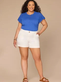 Short Flutter Sleeve Crochet Scoop Neck Plus Size Knit Top