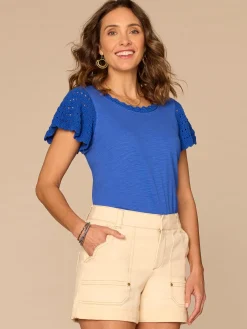 Short Flutter Sleeve Crochet Scoop Neck Scallop Edge Petite Knit Top