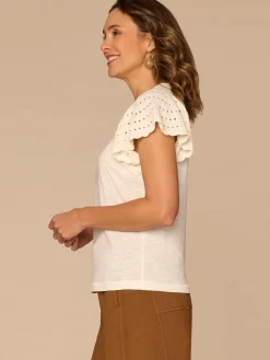 Short Flutter Sleeve Crochet Scoop Neck Scallop Edge Petite Knit Top