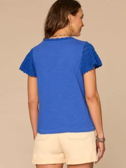 Short Flutter Sleeve Crochet Scoop Neck Scallop Edge Petite Knit Top