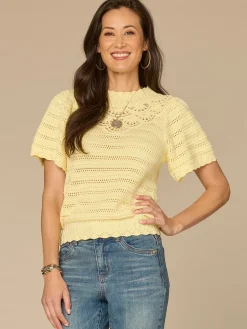 Short Flutter Sleeve Round Neck Crochet Yoke Scallop Edge Sweater