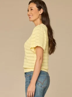 Short Flutter Sleeve Round Neck Crochet Yoke Scallop Edge Sweater