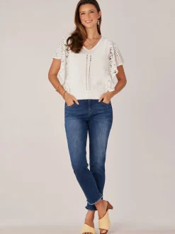 Short Flutter Sleeve V-Neck Lace Mix Media Top