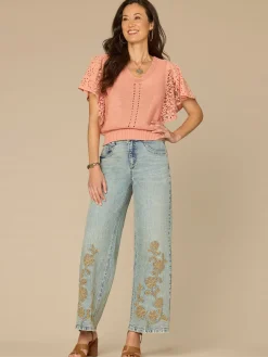 Short Flutter Sleeve V-Neck Lace Mix Media Top