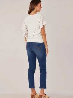 Short Flutter Sleeve V-Neck Lace Mix Media Top