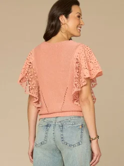 Short Flutter Sleeve V-Neck Lace Mix Media Top