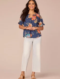 Short Half Smock Sleeve Round Neck Floral Print Woven Top