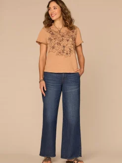 Short Ruffle Edge Sleeve Crew Neck Floral Embroidered Petite Knit Top