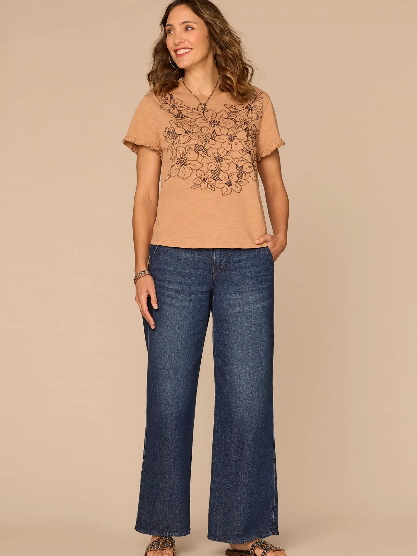 Short Ruffle Edge Sleeve Crew Neck Floral Embroidered Petite Knit Top
