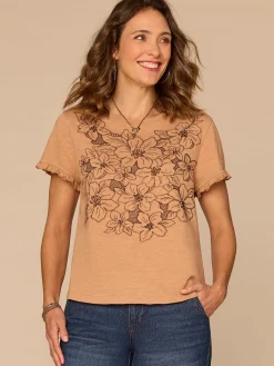 Short Ruffle Edge Sleeve Crew Neck Floral Embroidered Knit Top