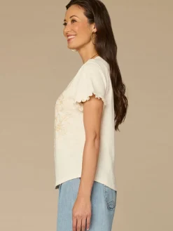Short Ruffle Sleeve Crew Neck Floral Embroidered Petite Knit Top