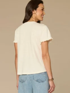 Short Ruffle Sleeve Crew Neck Floral Embroidered Petite Knit Top
