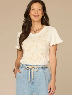 Short Ruffle Sleeve Crew Neck Floral Embroidered Knit Top