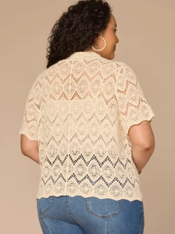 Short Sleeve Collared Button Down All-Over Crochet Plus Size Woven Top