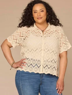 Short Sleeve Collared Button Down All-Over Crochet Plus Size Woven Top