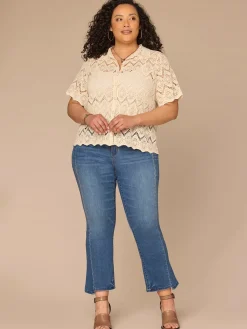 Short Sleeve Collared Button Down All-Over Crochet Plus Size Woven Top