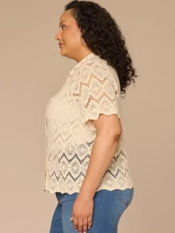 Short Sleeve Collared Button Down All-Over Crochet Plus Size Woven Top